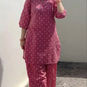 Women's Pink Cotton Floral Straight Kurta With Palazzo Set