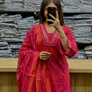 Rani Pink Bandhani Cotton Three Piece Set